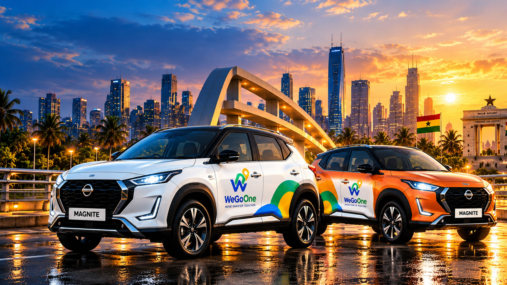 WeGoOne branded Nissan Magnite vehicles in a city